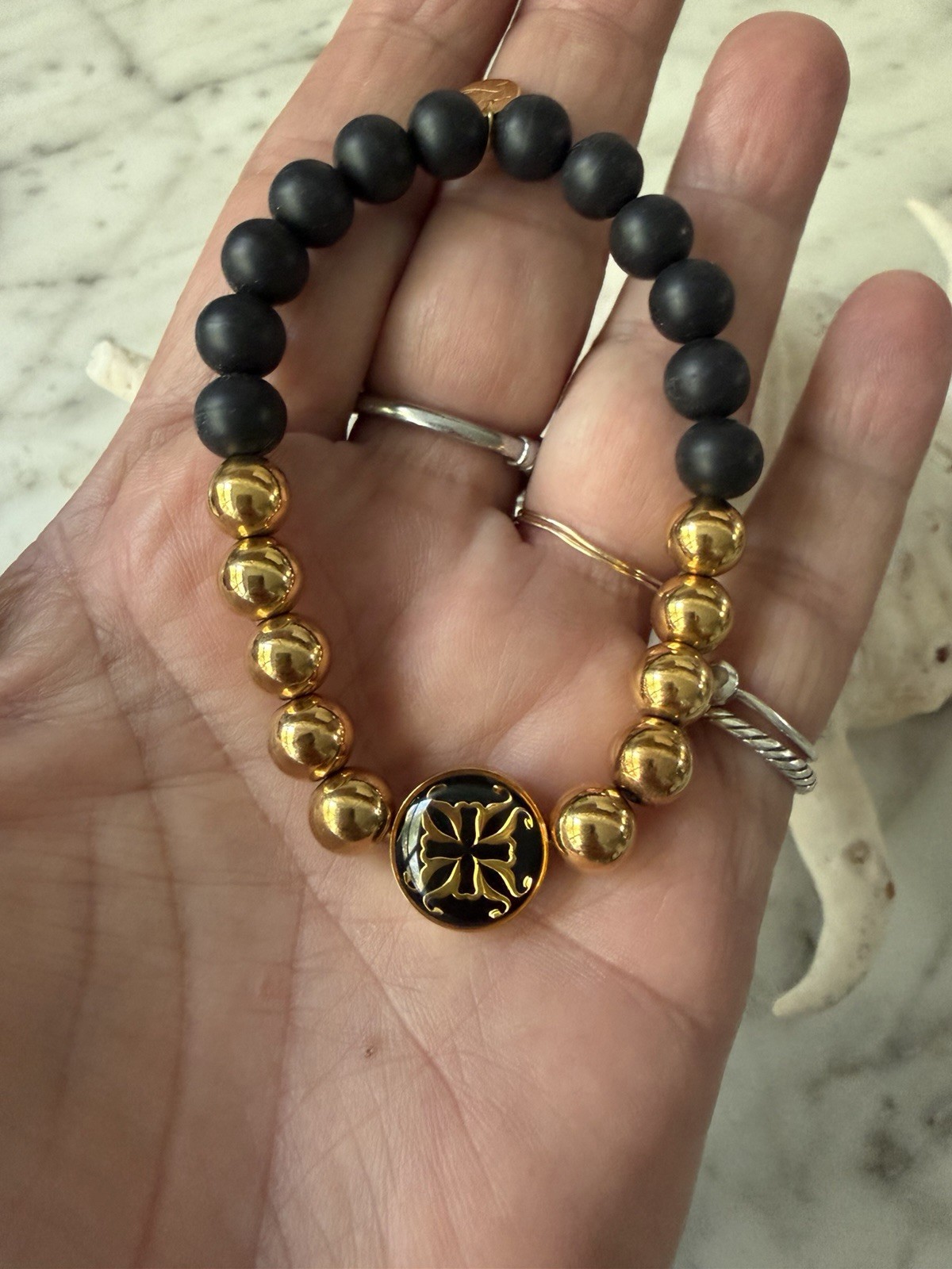 Rustic Cuff Ireland Gold Bead Bracelet Black Accents With Charm