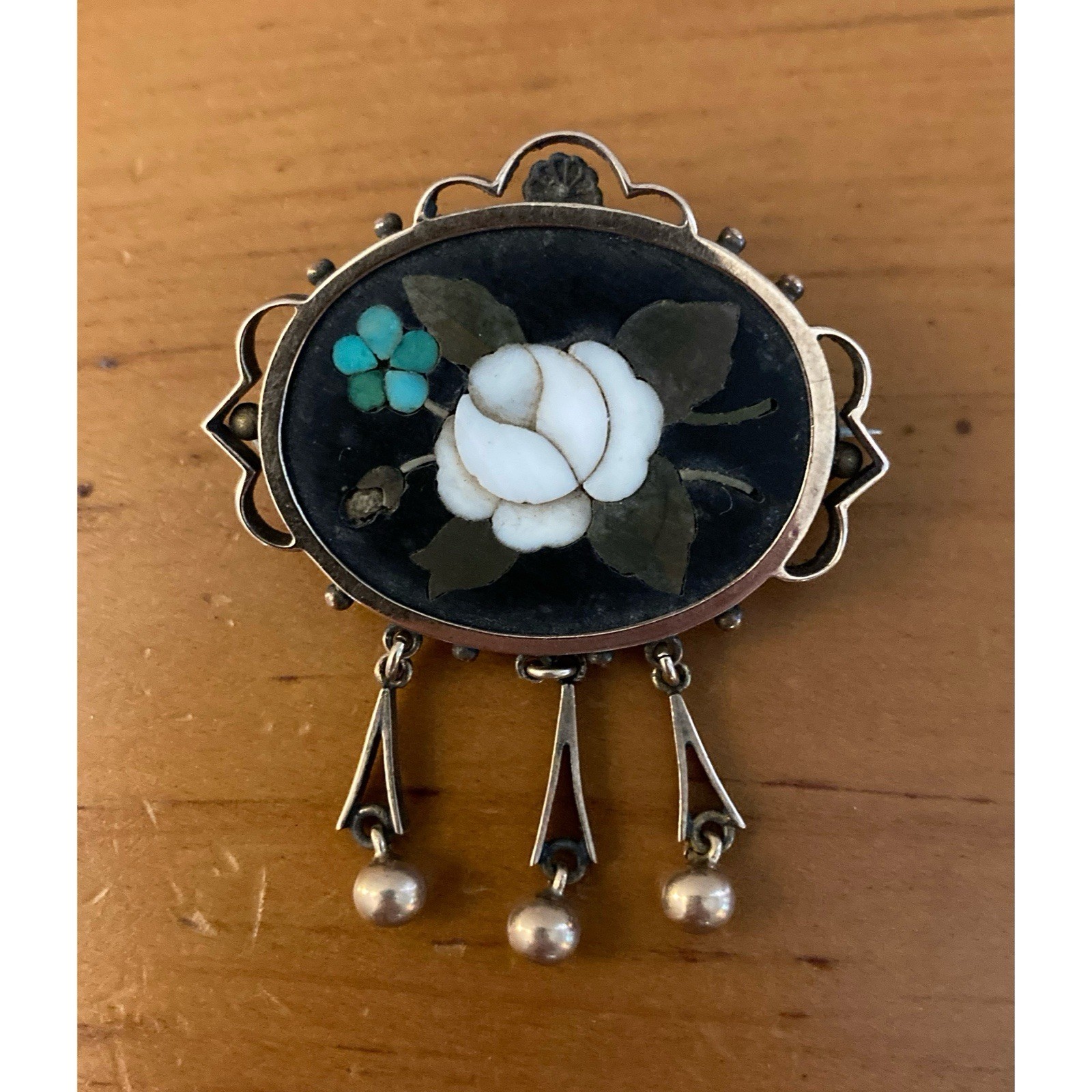 Vintage Micro Mosaic Floral Pietra Dura Gold Filled Brooch Pin w Dangles