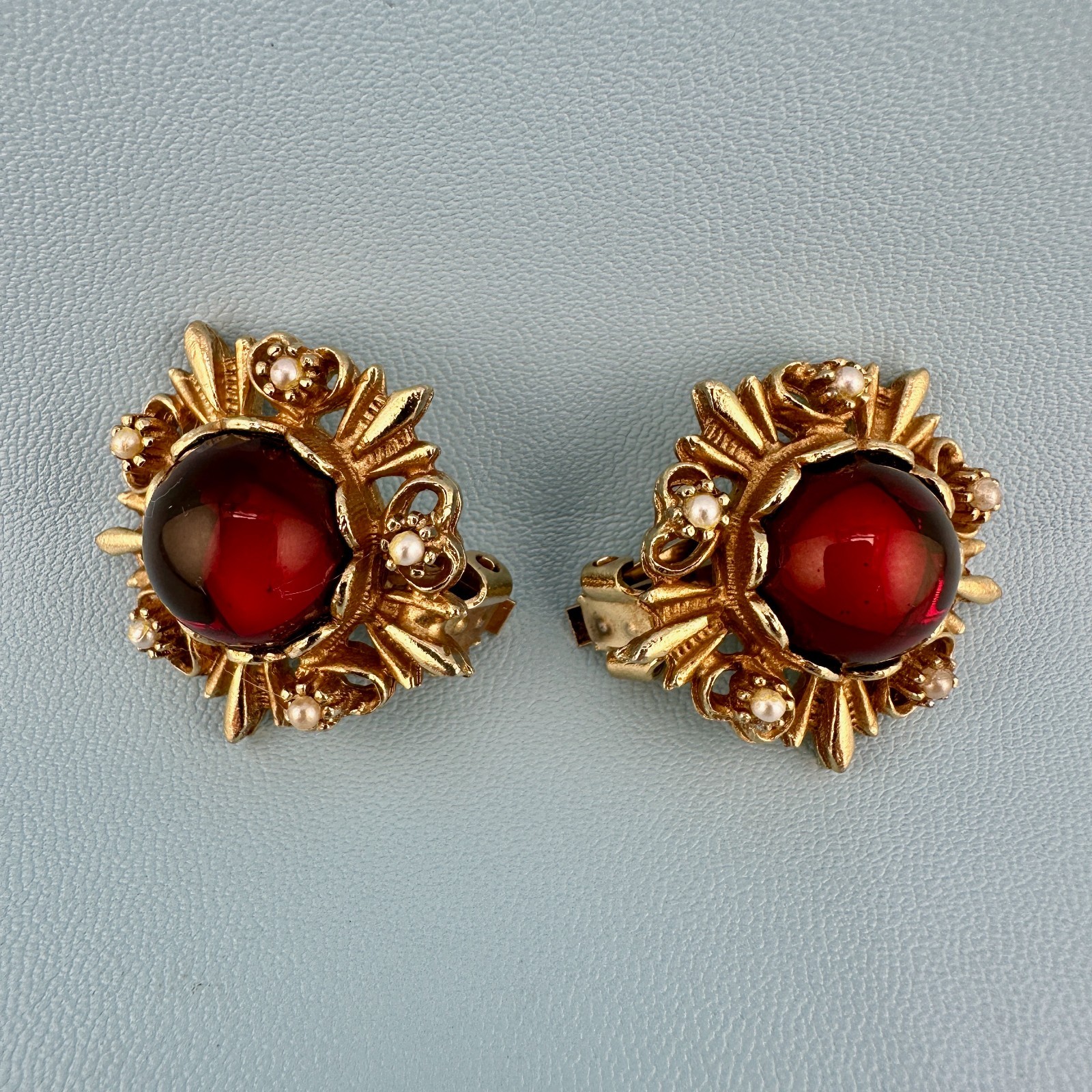 Vintage Clip On Earrings Red Glass Cabochon Gold Tone Faux Pearl Etruscan Rev