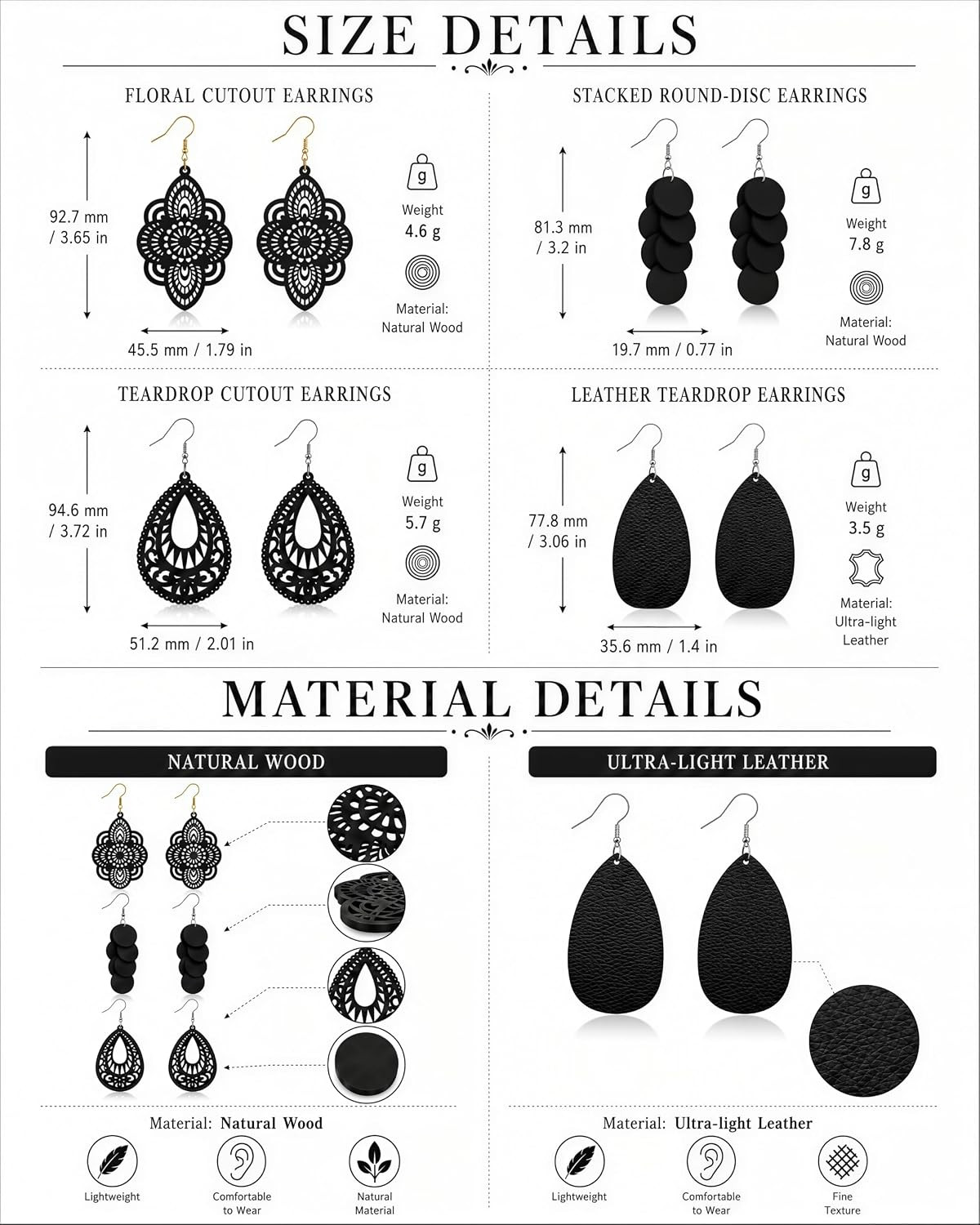 Boho Wood Dangle Earrings for Women, Lightweight Laser Cut Hollow Geometric Drop