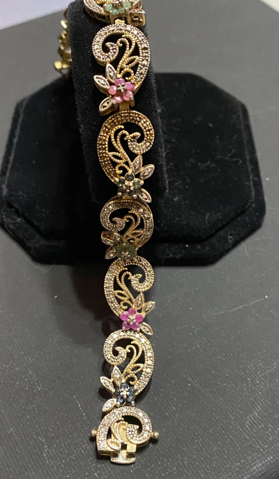 Vintage 925 Sterling Silver Gold Plated Filigree Gemstone Bracelet 7.5″ TDL