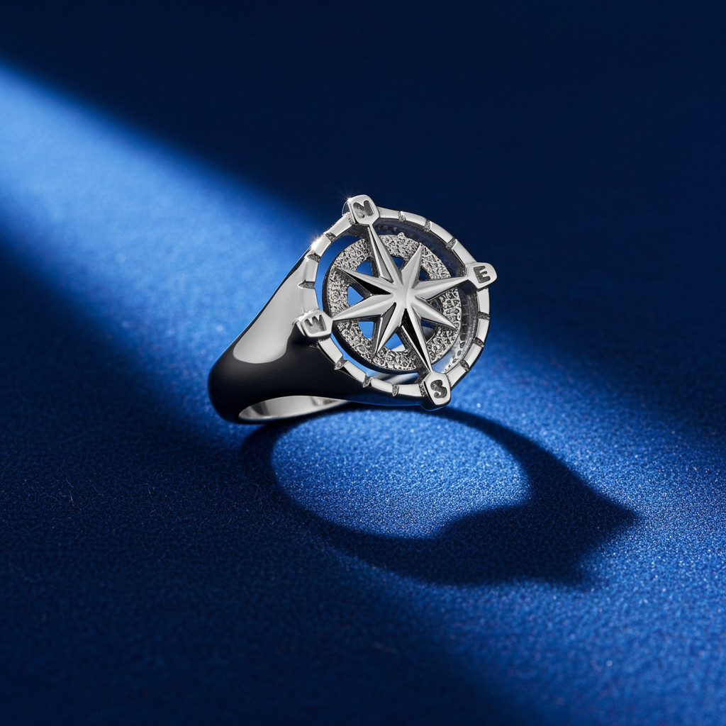Sterling Silver Compass Ring for Women Polished North Star Compass Rose Signet
