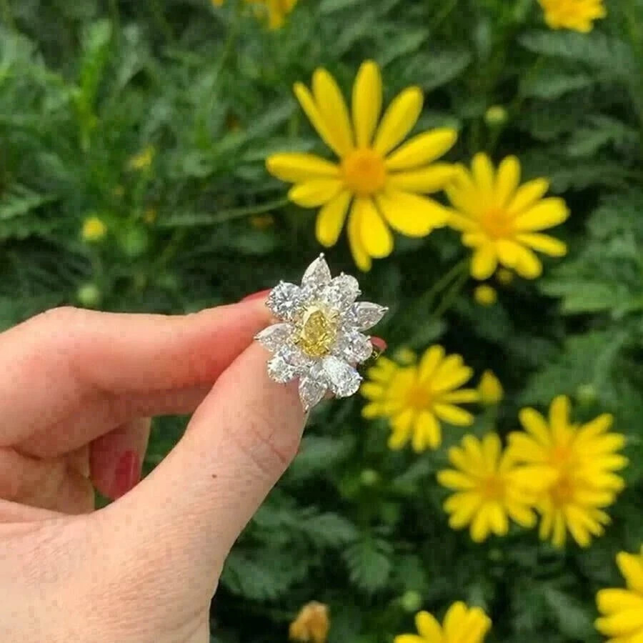 3CT Oval Lab Created Yellow Citrine Diamond Wedding Ring 14K White Gold Plated