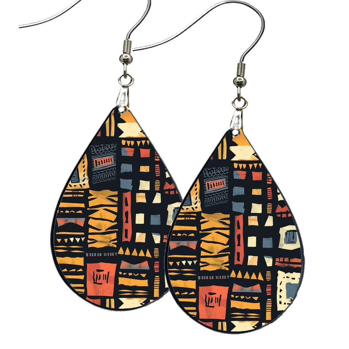 African Tribal Mud Cloth Pattern Earrings Teardrop NO TARNISH Wood Dangle