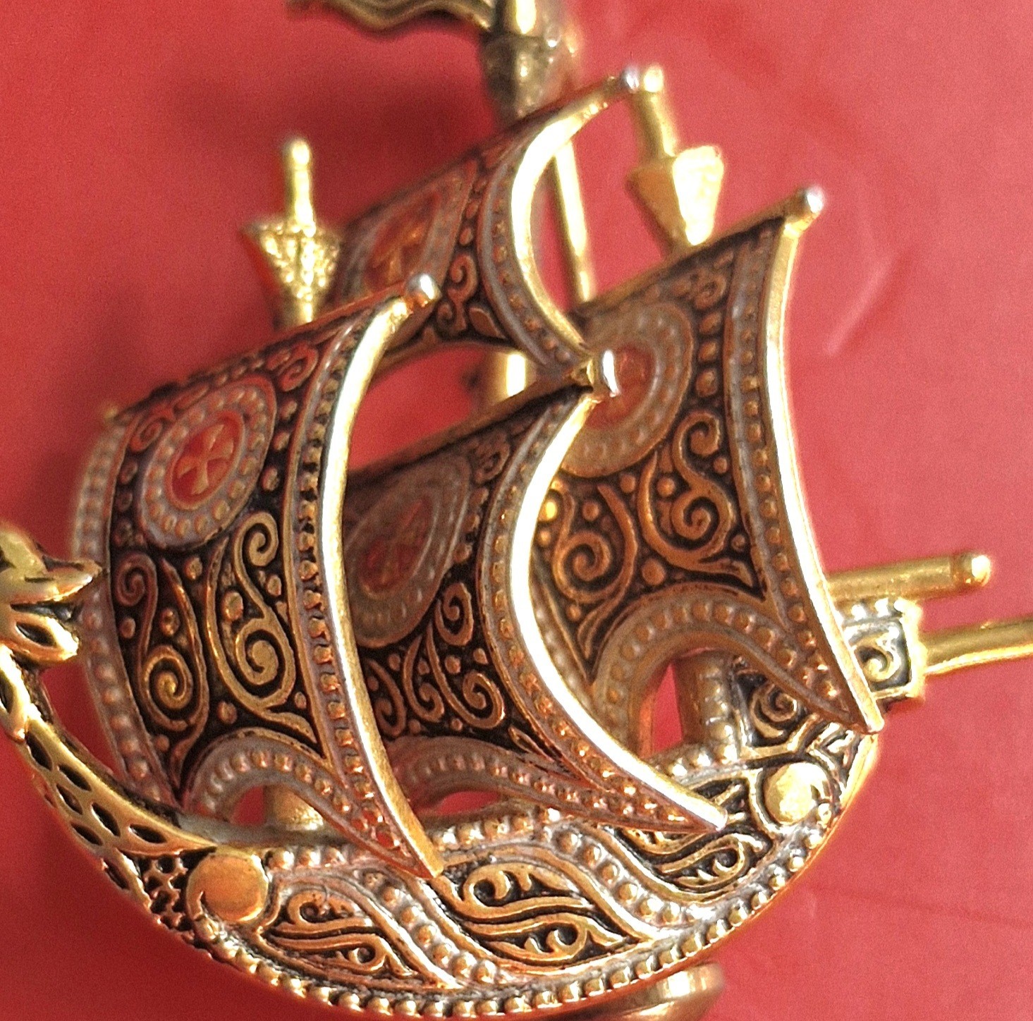 Vintage Signed Damascene Galleon Ship Brooch | Made in Spain Excellent Condition