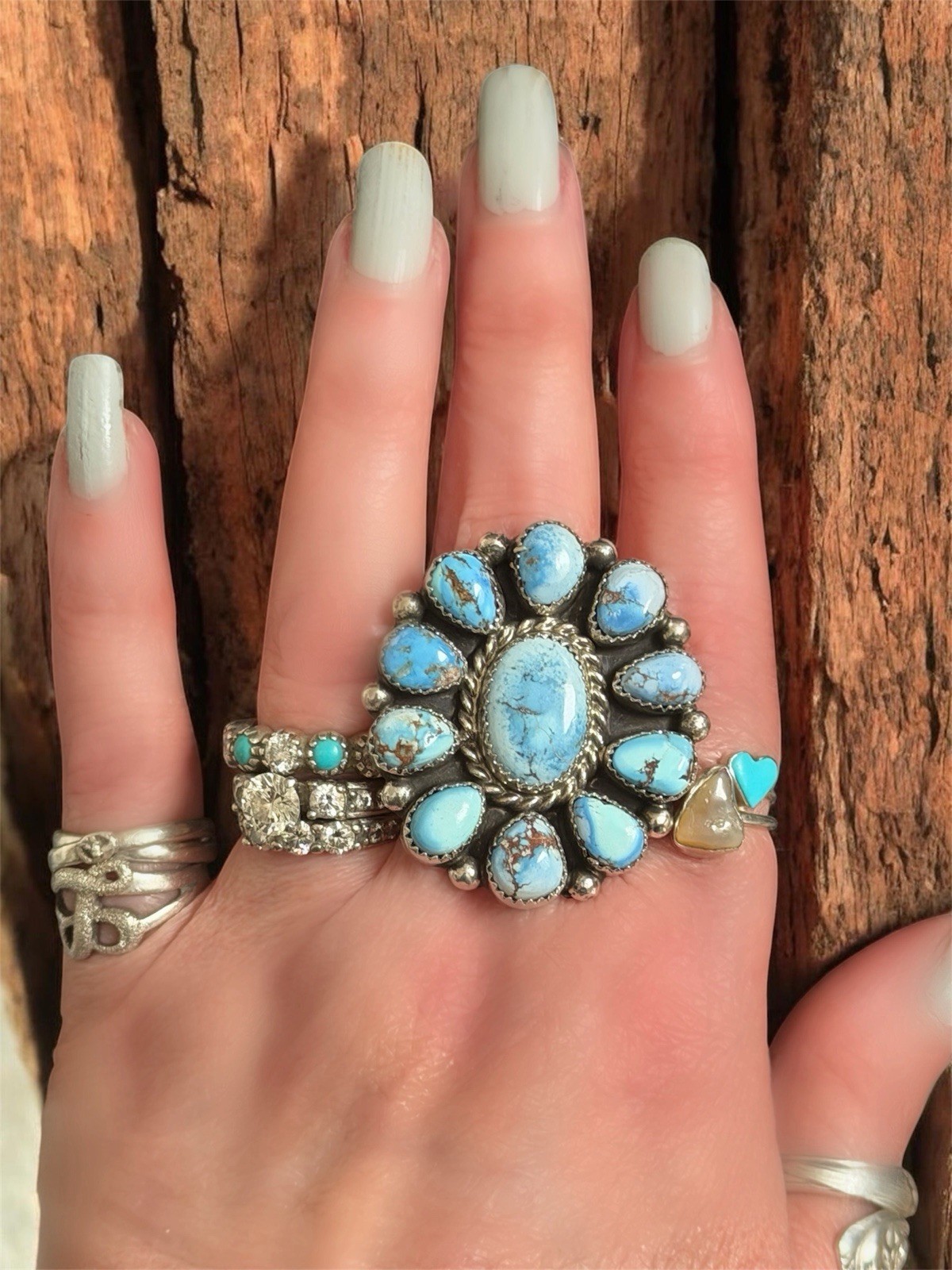 Golden Hills Turquoise Cluster Ring Native Sterling MJ Adjustable Statement