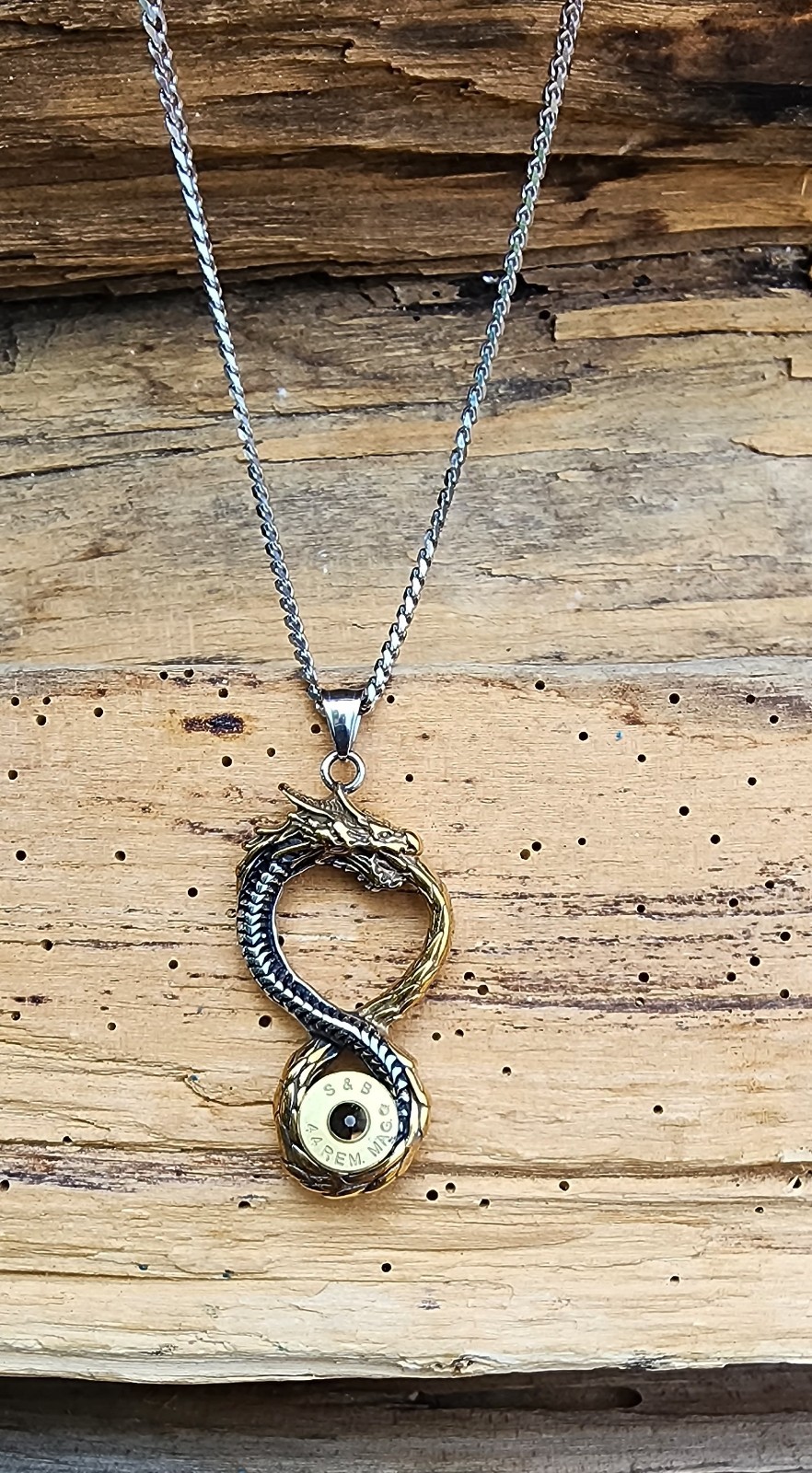 Lg Silver and Gold Stainless Dragon Bullet Necklace. 44 Mag. Optional Crystal.