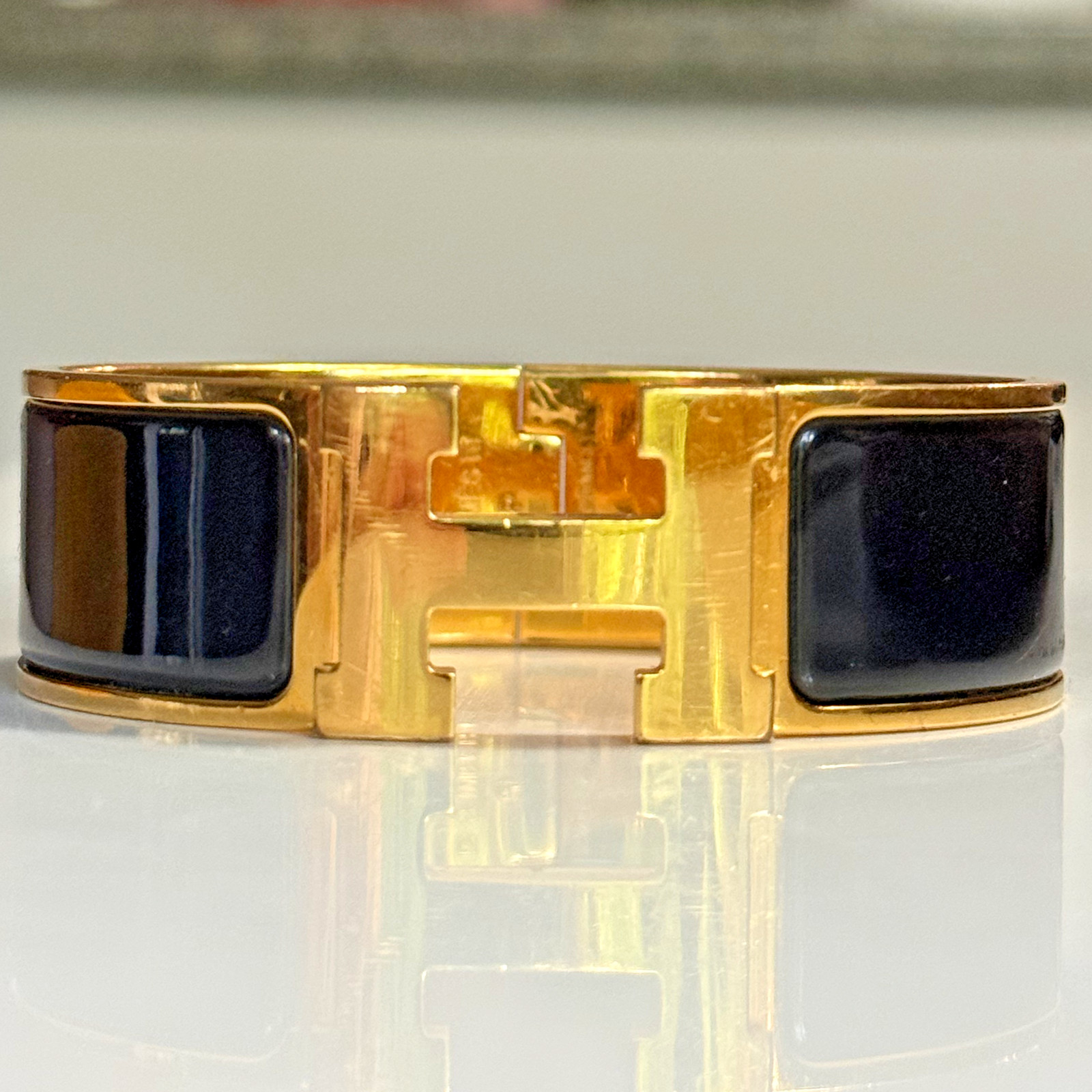 Hermes Clic Clac H Wide Bracelet-Black Enamel-Yellow Gold-Size PM-Retail: $890
