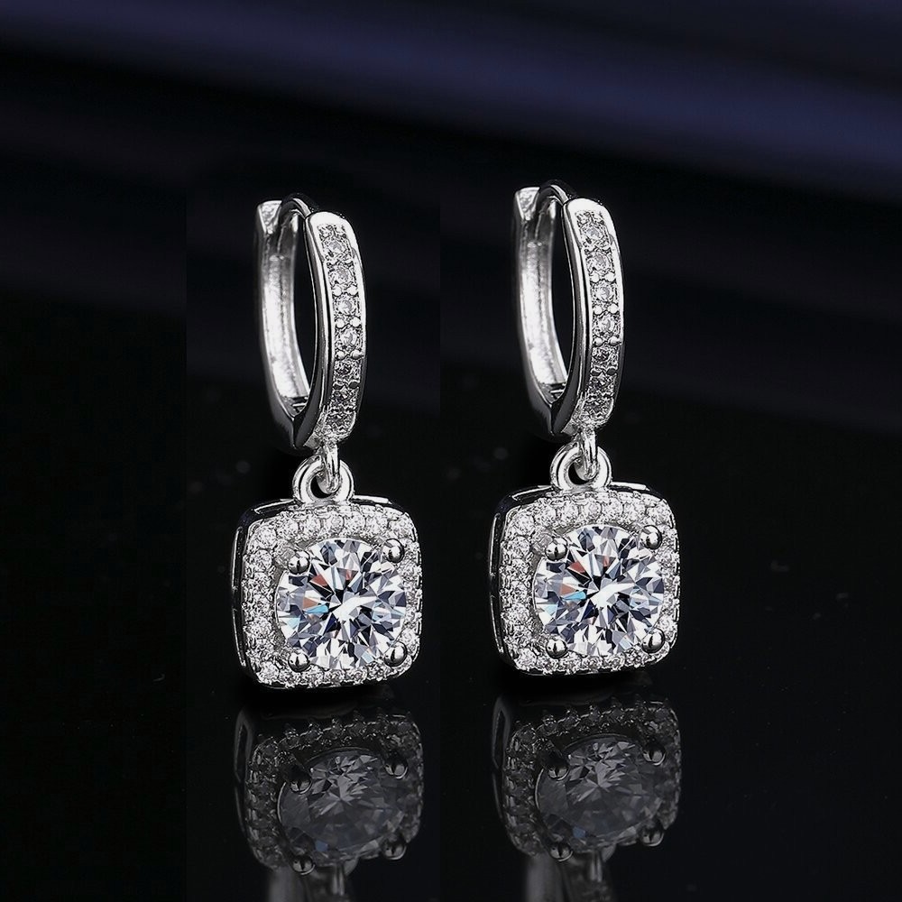 Shiny Elegant Huggie Drop Earrings with Cubic zirconia Inlaid Square Hanging