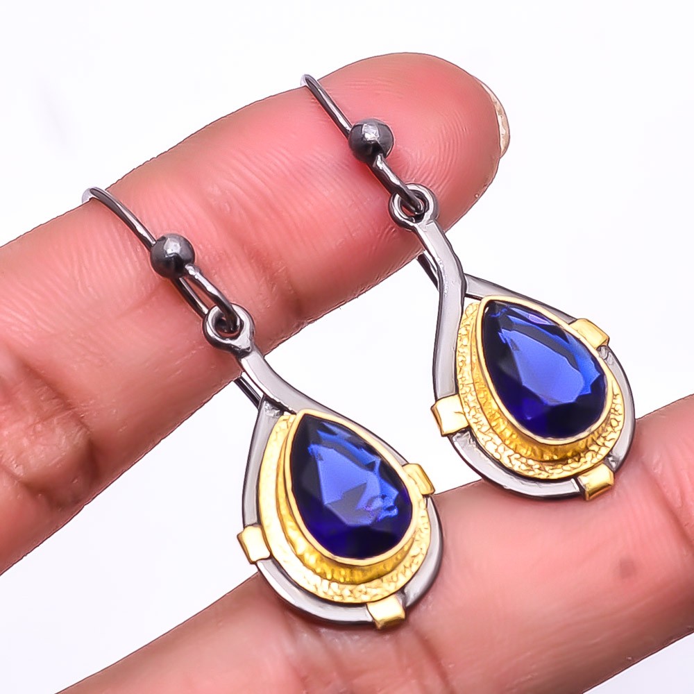 Blue Sapphire (Simulated) 925 Silver Black And Gold Rhodium Plated Earring 1.76″