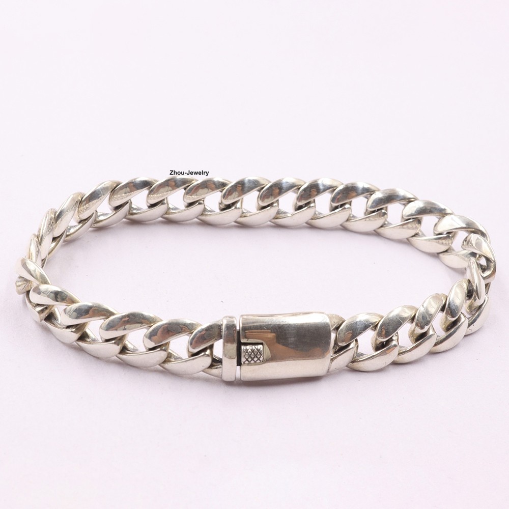 Pure 925 Sterling Silver Bracelet 10mm Curb Link Chain for Women Men 8.26inch