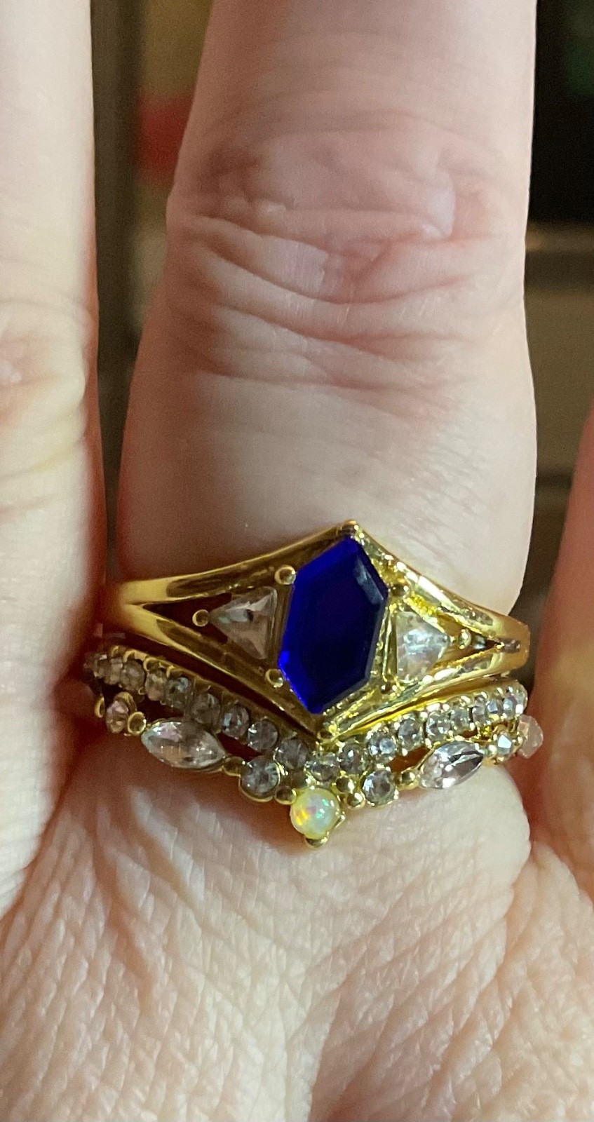 Blue Stone CZ Bridal Ring Set Gold Plated Size 8.75 2pc Engagement FREE GIFT Box