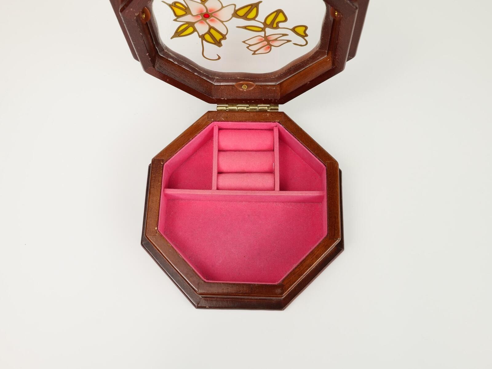 Vintage Octagonal Wood Jewelry Box with Floral Glass Top and Pink Velvet Lining