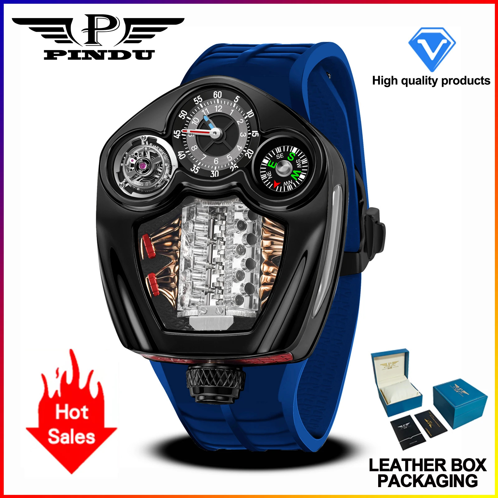 PINDU Engine Series Watch Men Compass Waterproof Swiss Quartz 762 Movement