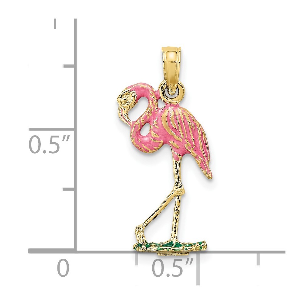 10K Yellow Gold 3-D Pink Enamel Flamingo Charm Pendant L 19.4mm, W 10.9mm