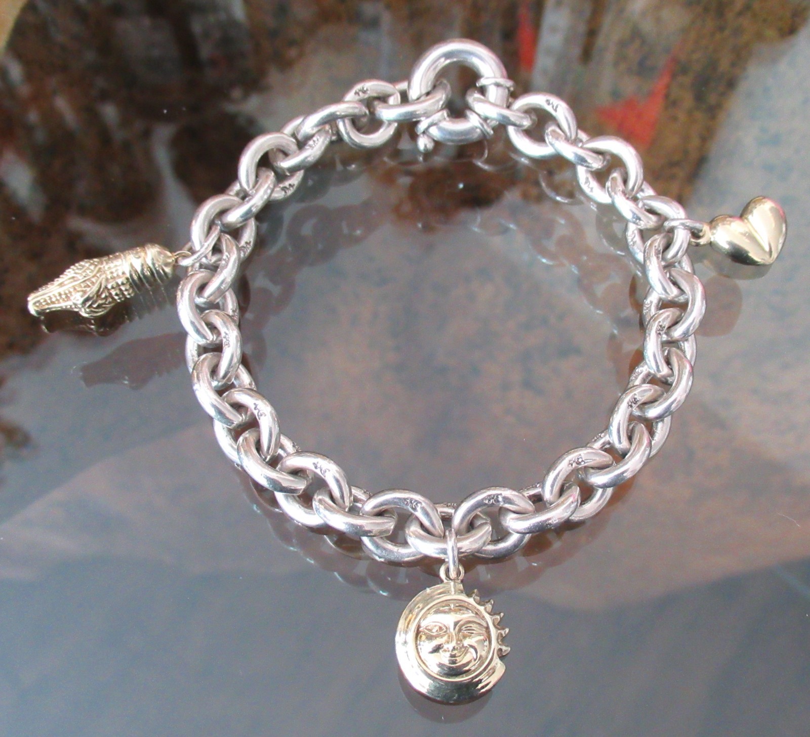 Barry Kieselstein Cord Solid 14k Gold & Sterling Charm Bracelet Alligator Heart