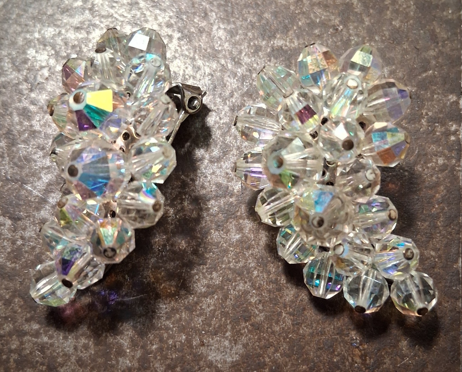 Vtg Crystal LAGUNA Clip Earring Cluster Aurora Borealis Bead Crescent Silvertone