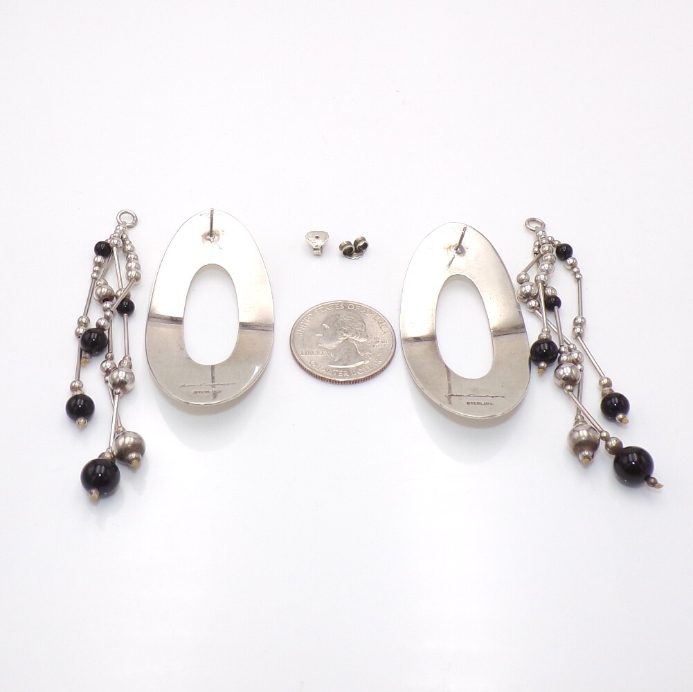Susan Cummings Modernist Onyx Bead Sterling Silver 2 In 1 Dangle Earrings LLB4