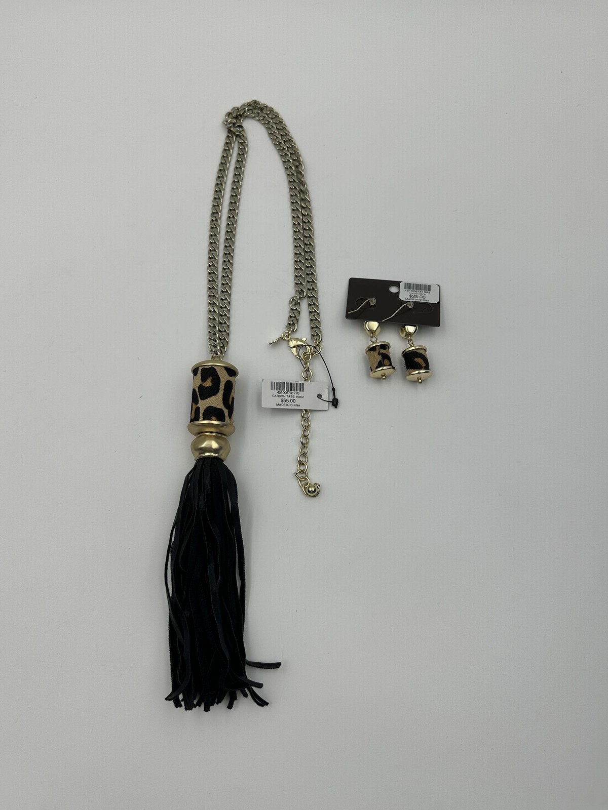 Chico’s Carson Tass Necklace Earrings Set Leopard Tassel Women’s Gold Tone Black