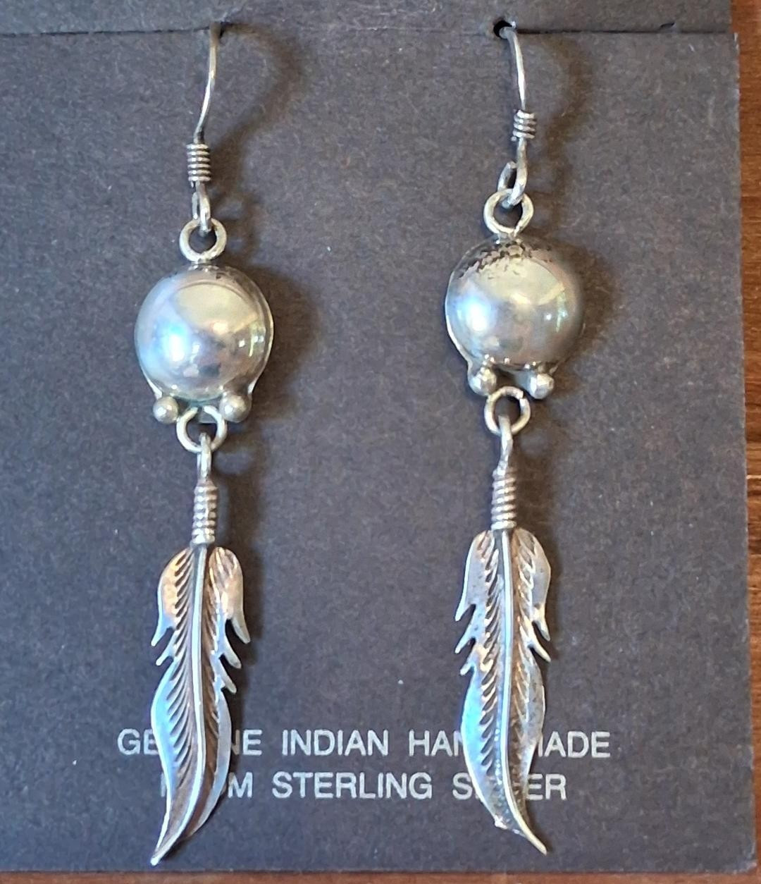 Indian Sterling Silver Long Feather & Domed Round Moon Earrings!