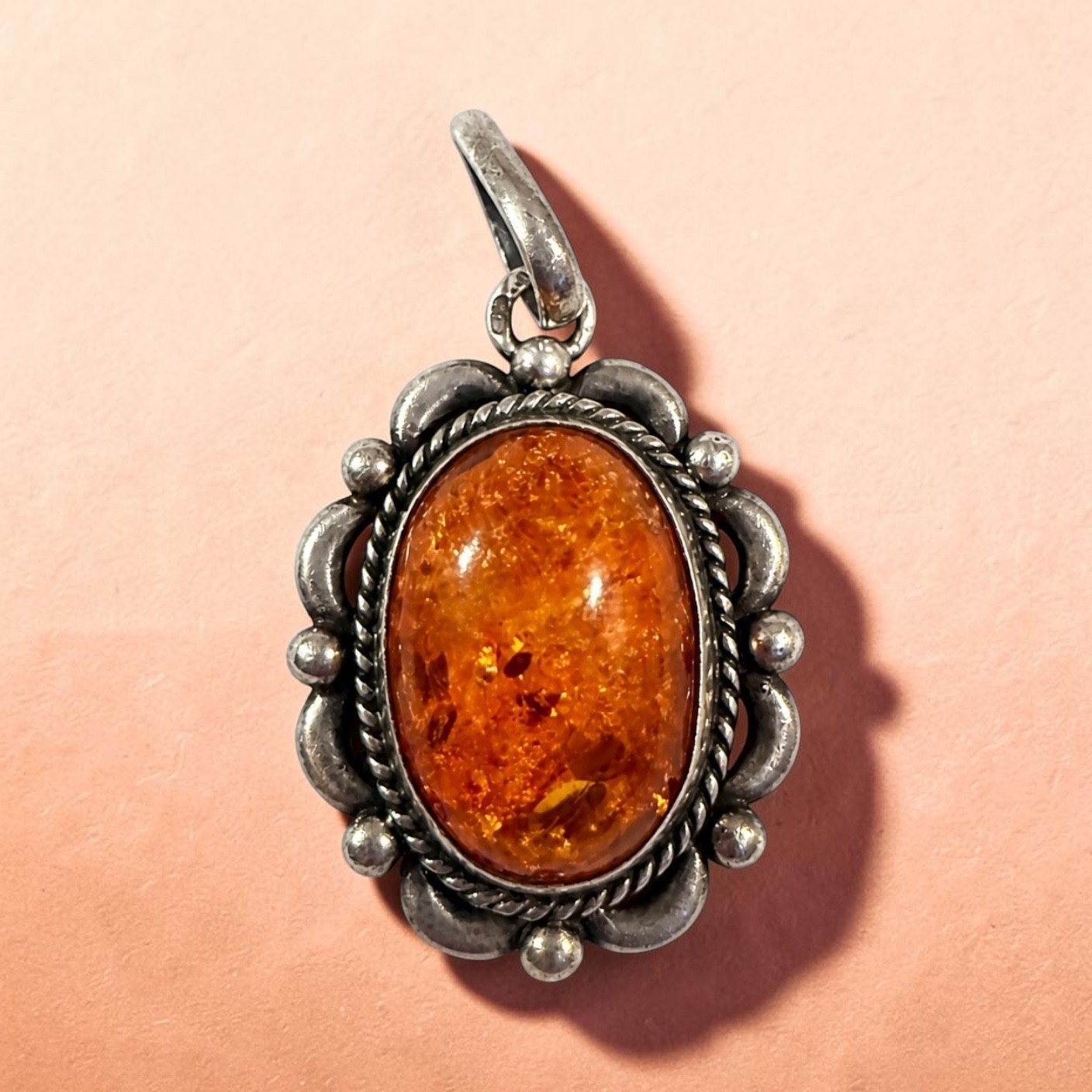 Vintage Polish G925 Sterling Silver Cognac Baltic Amber Pendant Gdansk Hallmark