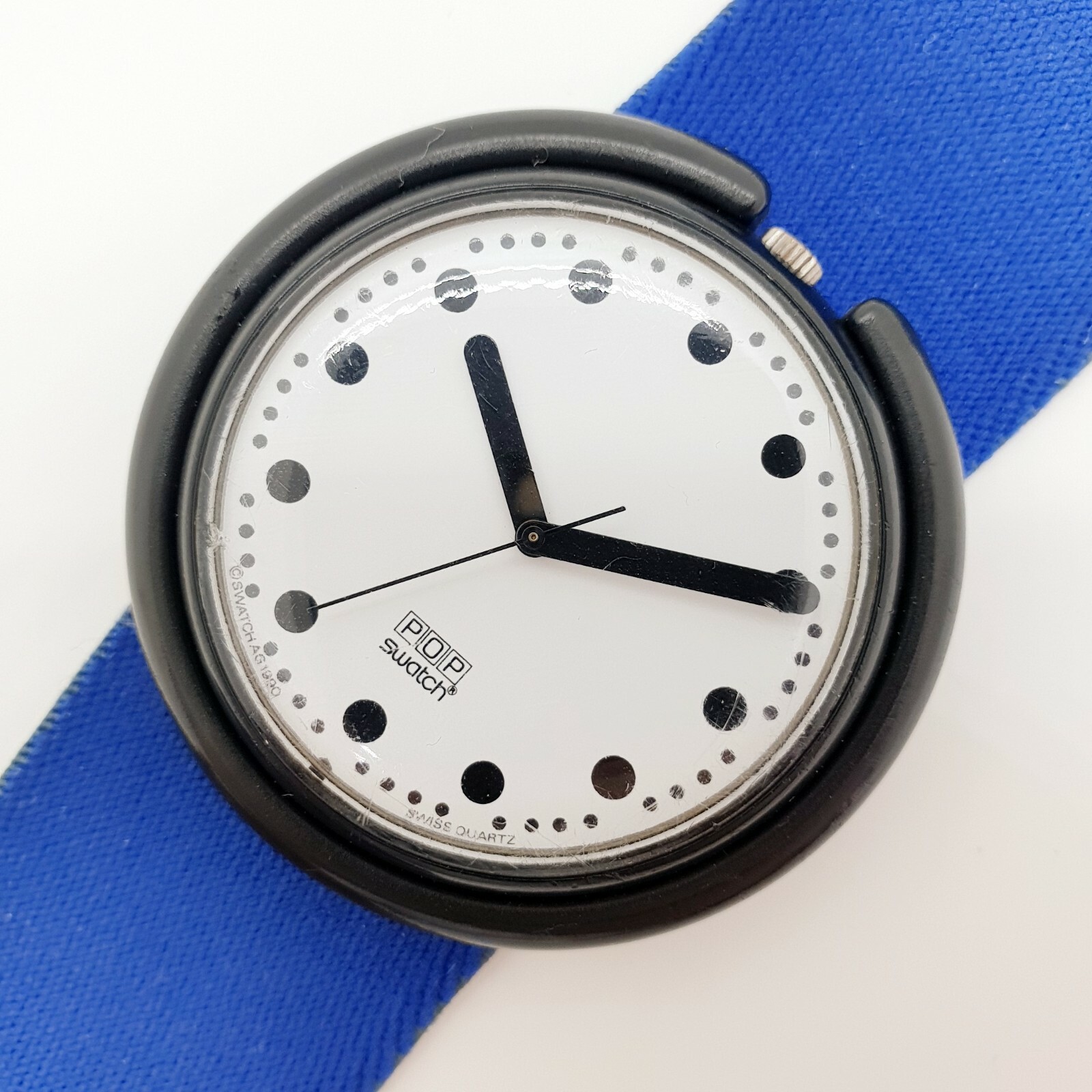 1990 Rare Pop Swatch Watch Black Dots Seconds Hand no Lume Blue Pop Strap 90s