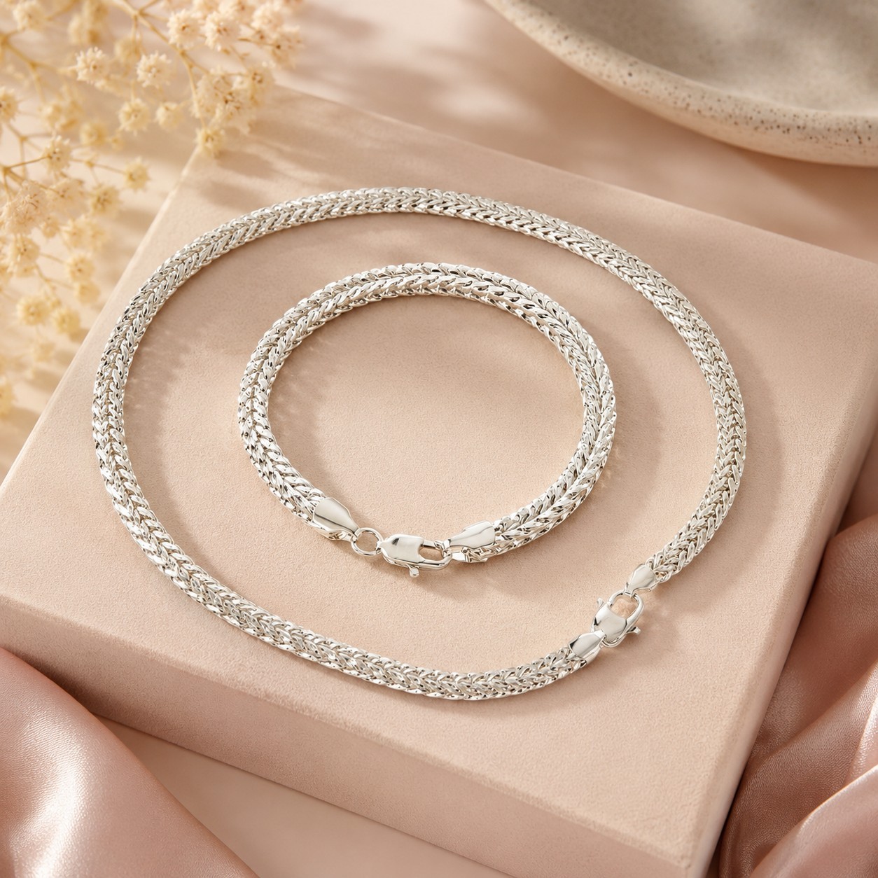 Set 2 pieces Silver Plated Necklace Bracelet Braided Chain 6mm Vintage Fashion