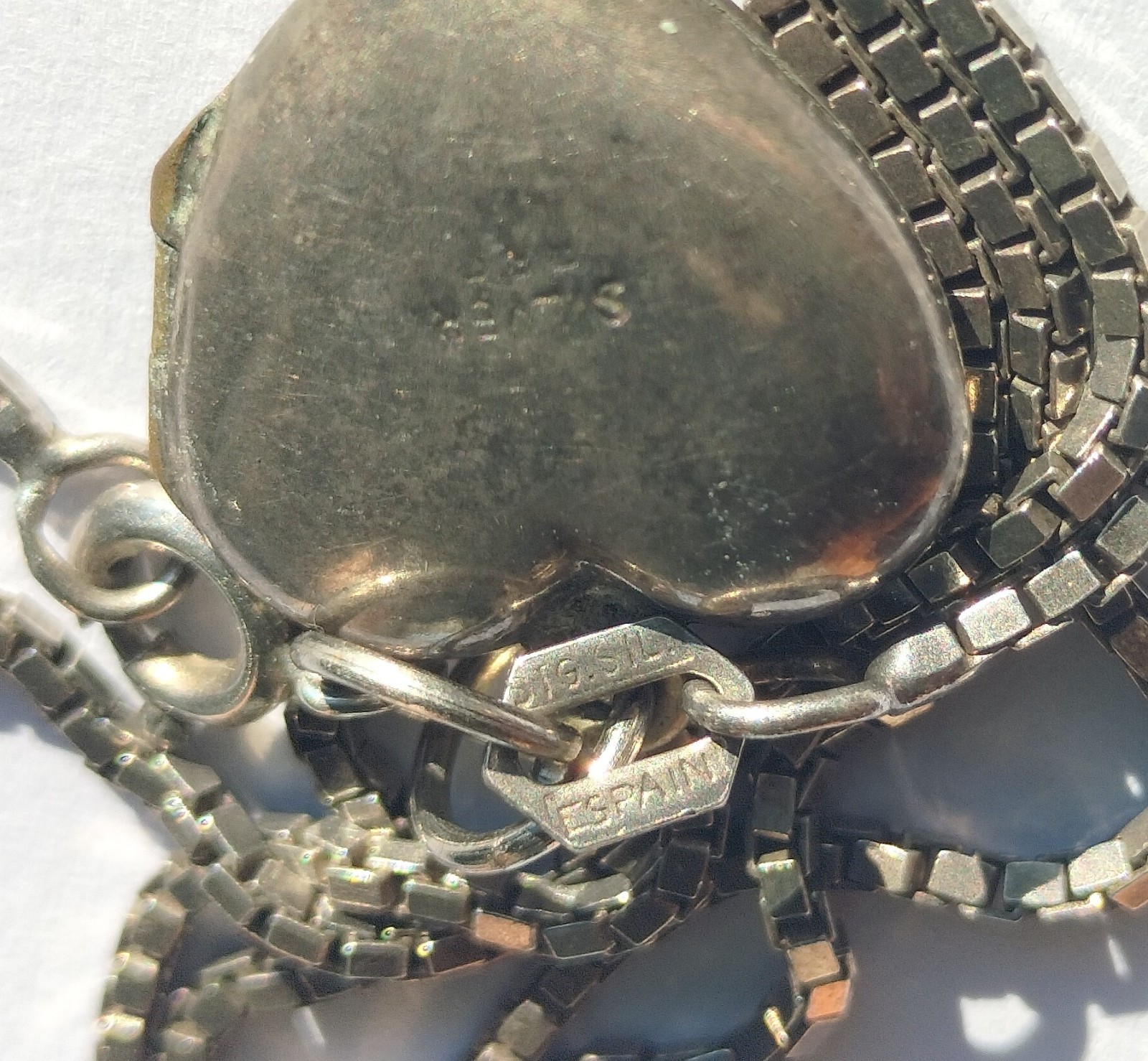 Antique Handmade Silver Locket Pendant Heart Shape on 46cm Silver Chain SPAIN 7g