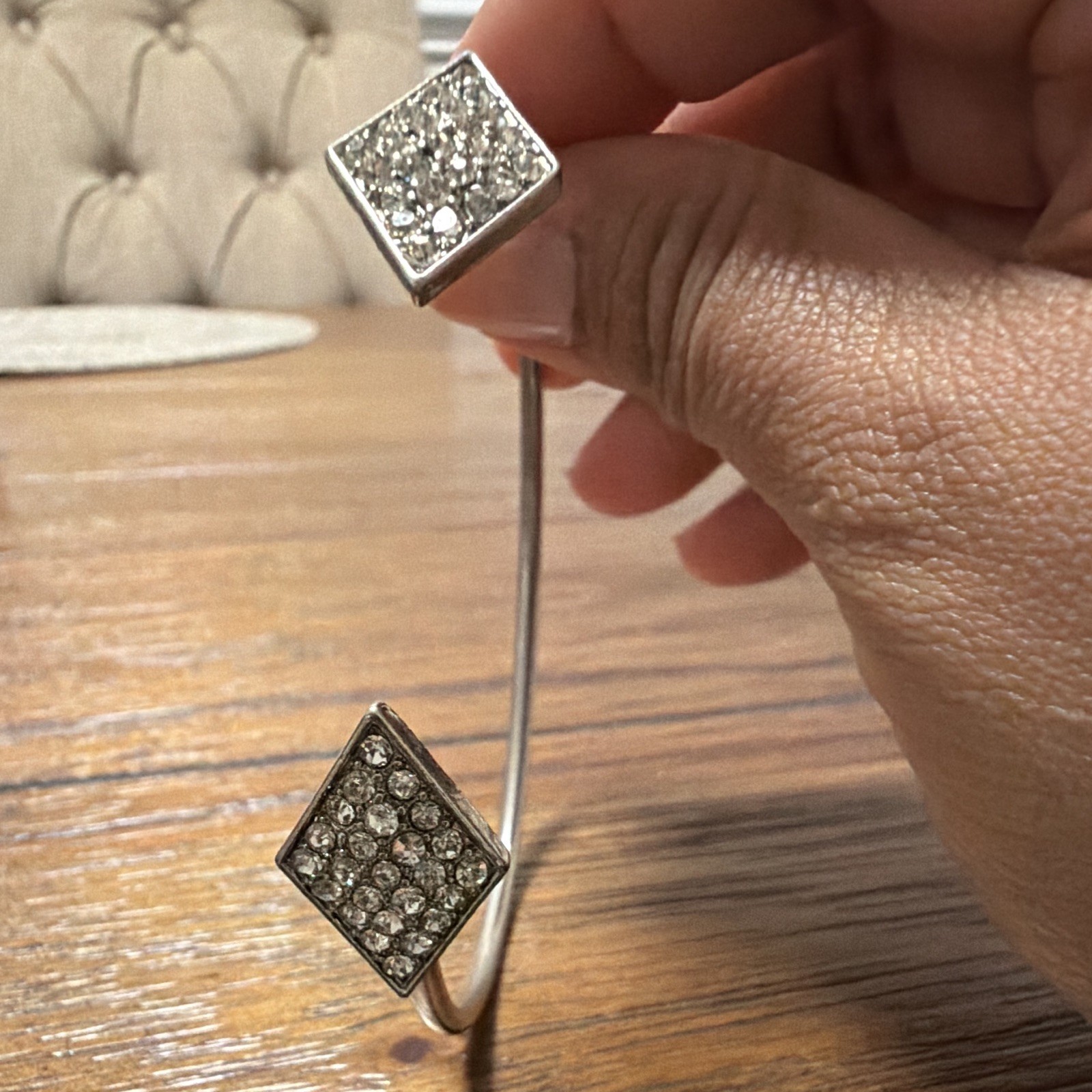 Silver Tone Stackable Cuff Bracelet Pavé Clear Crystal Square End Caps