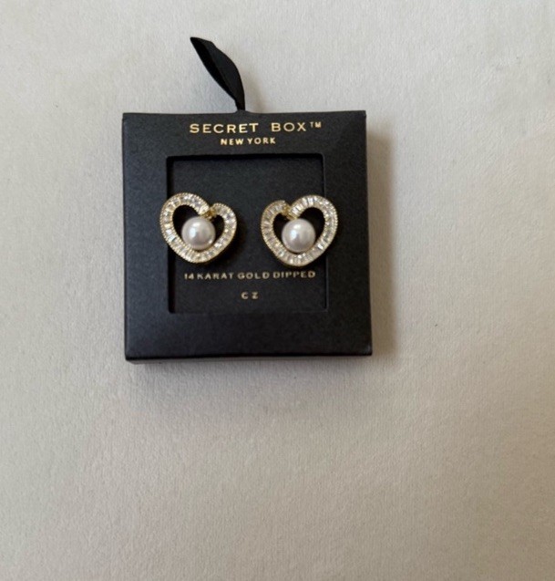 NEW Secret Box Boutique Heart Pearl Pave Earrings Gold Plated