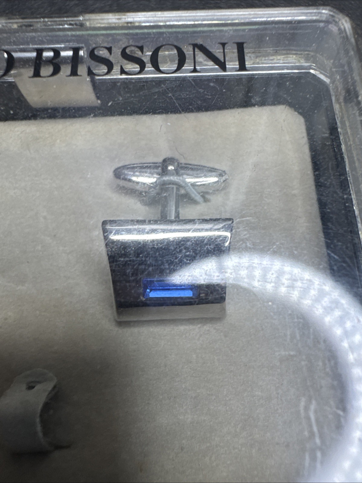 Giorgio Bissoni Silver Tone Square Blue Crystal Cufflinks Original Case
