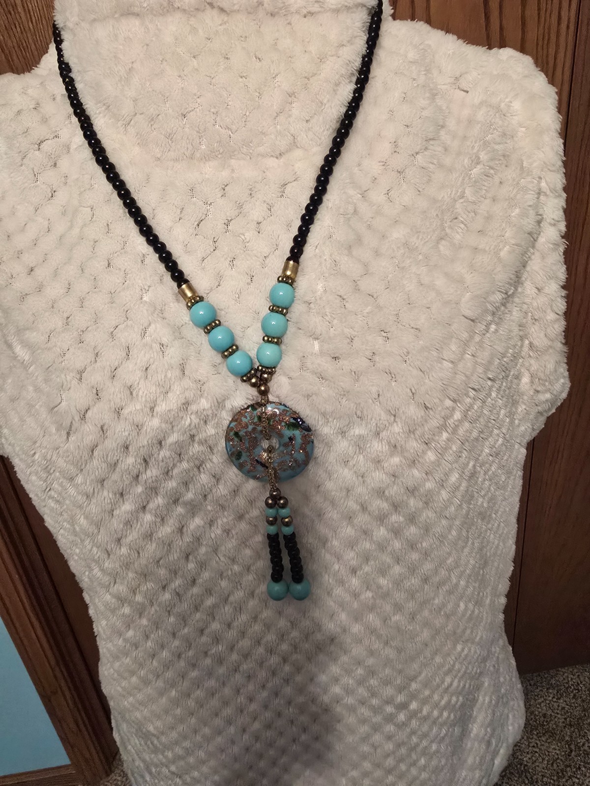 Black & Turquoise Blue Beaded Necklace Large Foil Glass Pendant NWOT