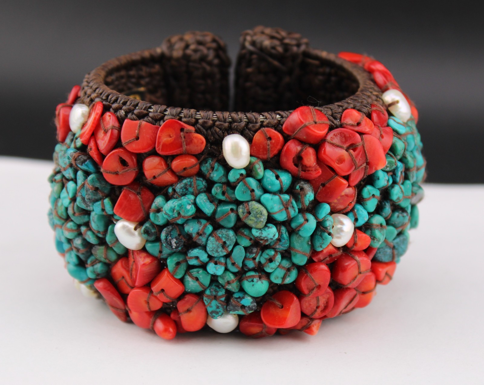 Chunky Soms Th Crochet Turquoise Coral Pearl Bead Cuff Southwestern Bracelet “