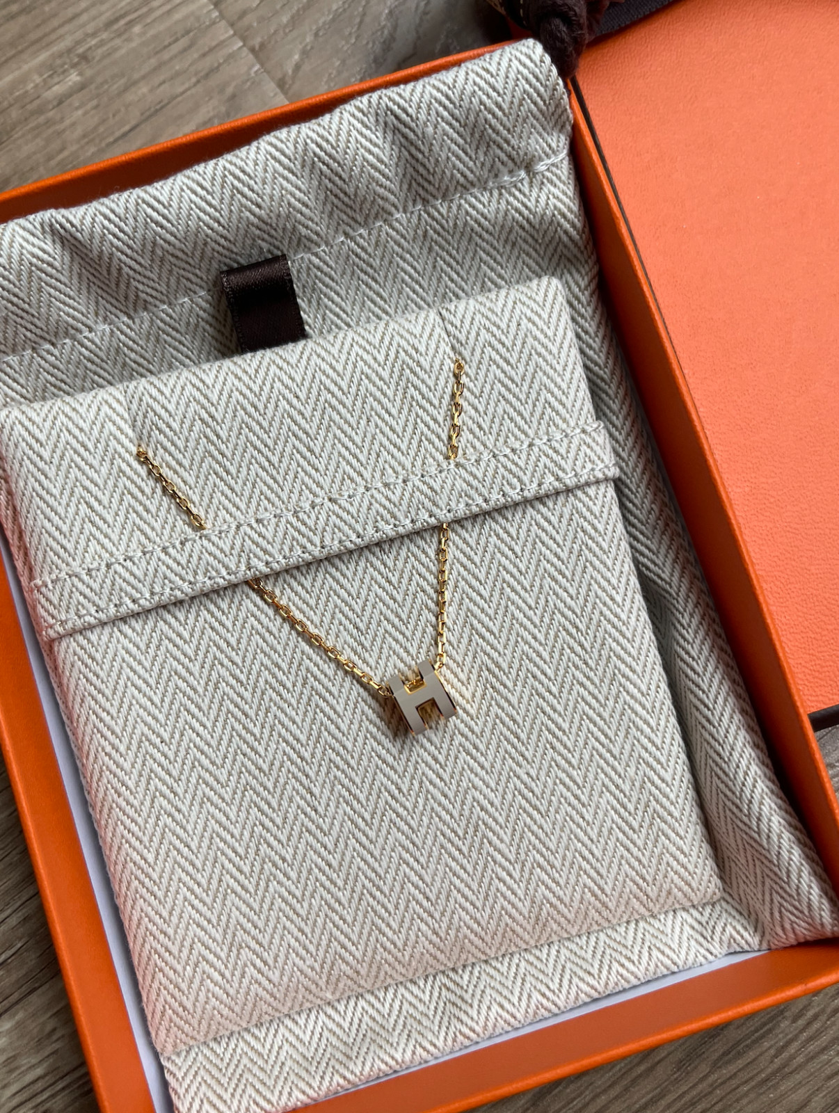 New HERMES Mini Pop H Pendant Necklace Marron Glace Gold Hardware GHW