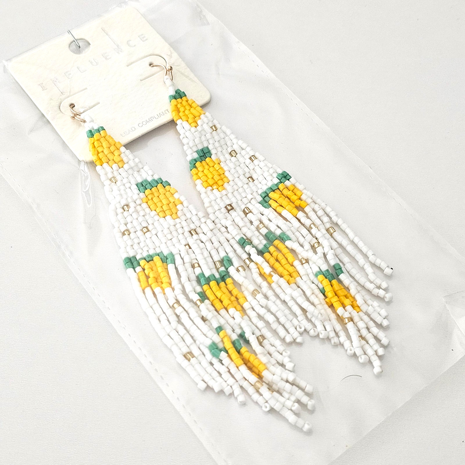 Boho Chic White Lemon Fruit Dangle Fringe Bead Earrings Beaded 5″ NEW