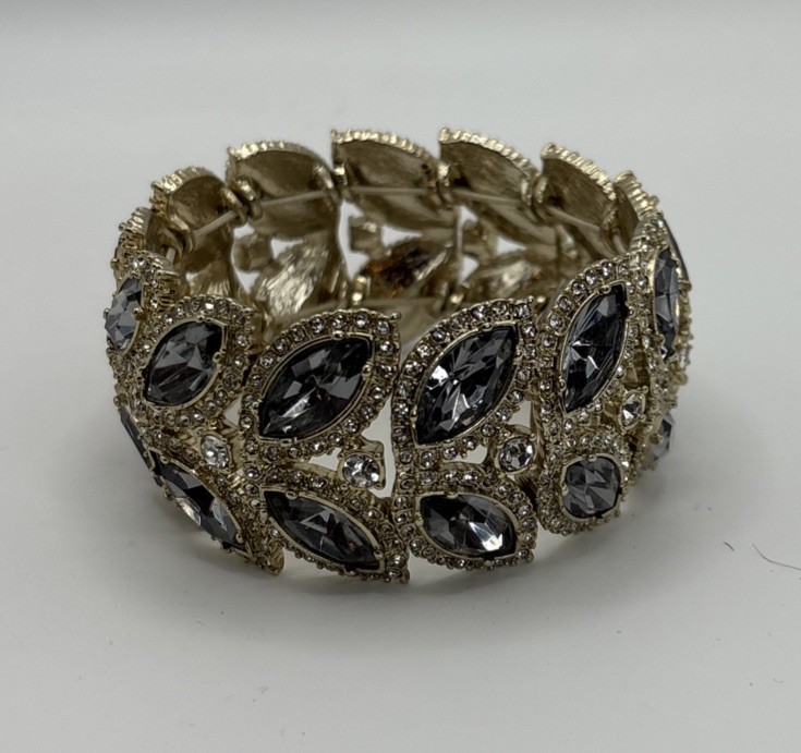 Vintage Crystal Wide Bracelet Angular Design Special Occasion Smokey-Gray 7in
