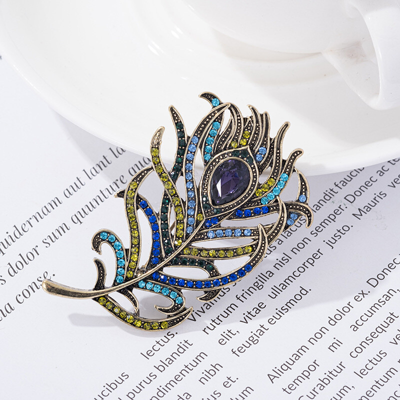 Brooch Women Antique Vintage Crystal Pin Jewelry Accesso Feather Rhinestone