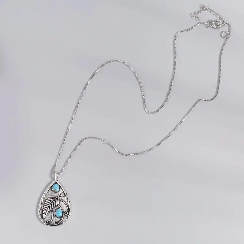 Silver Plated Water Drop Pendant Leaf Shape Pattern Pendant Necklace