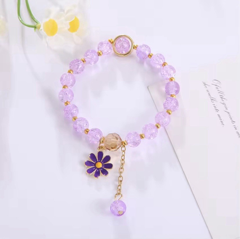 Purple Crystal Round Beaded Stretch Bracelet with Flower Dangle Charm