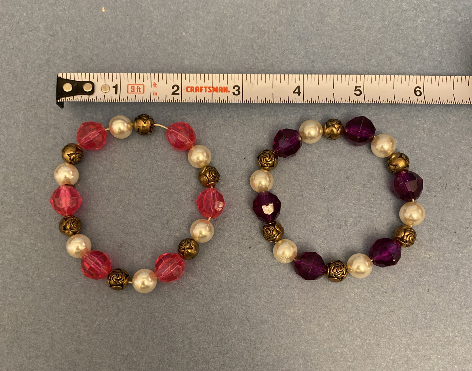 Vintage Set of Bracelets – Beaded Strings w/Gold Rose Beads, Approx 6-8” Lenght