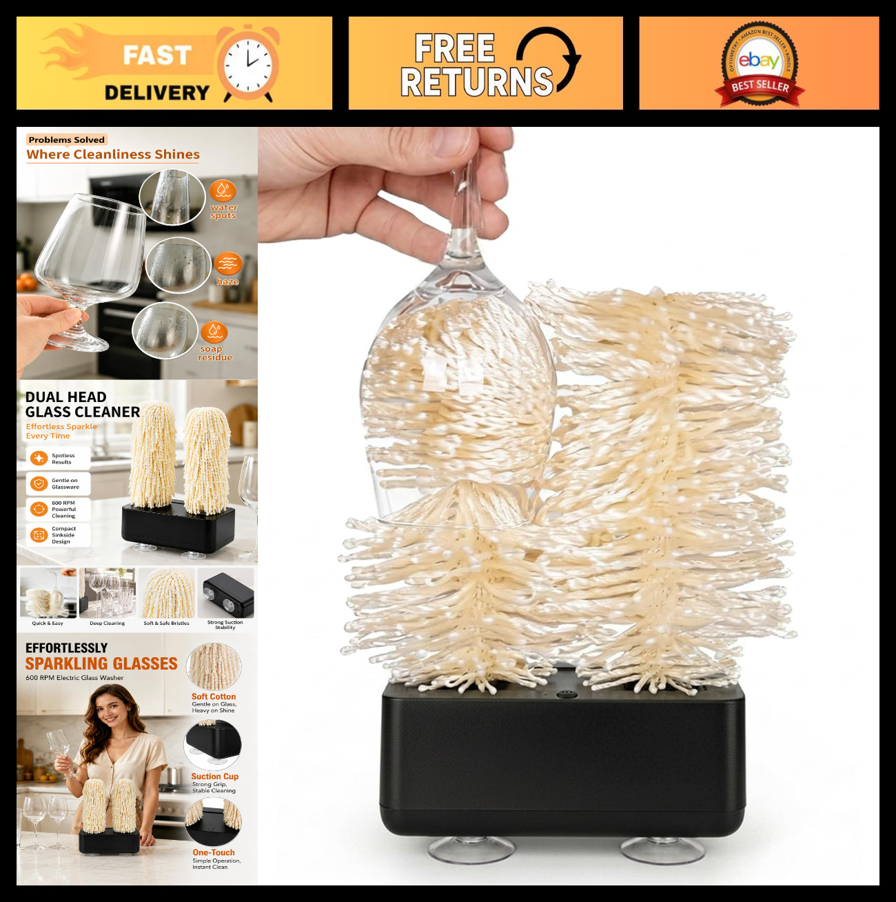 Eco-Friendly Wine Glass Cleaner Polisher Machine for Home Kitchen – 600 RPM Wash