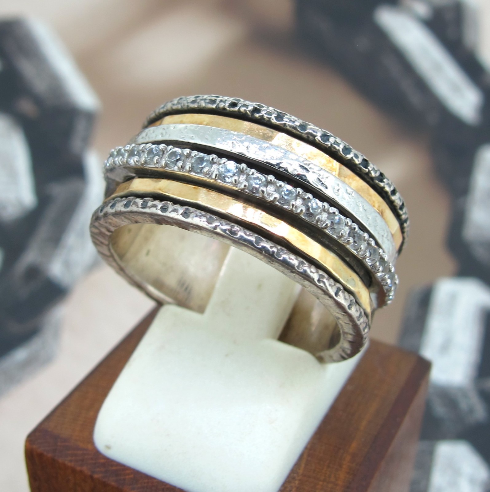PZ Paz Creations 925 Silver & 14k Yellow Gold Diamonds Israel Movable Band 8