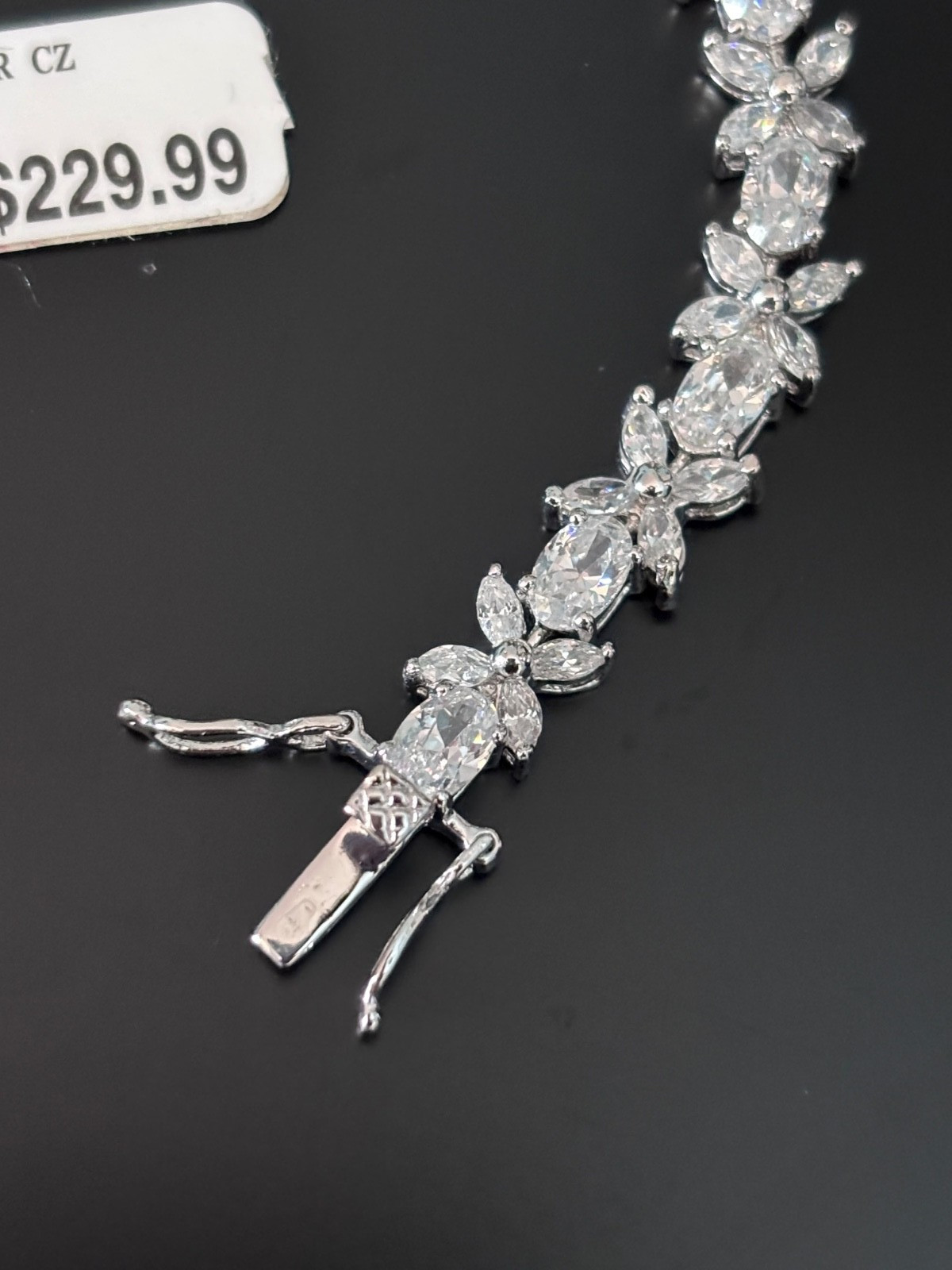 VTG Sterling Silver Bracelet Flower Oval Clear CZ 7.25 inches (Plus Necklace)