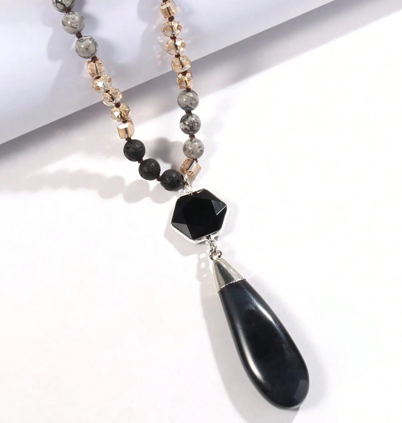 Jasper, Lava Stone & Crystal Beaded Necklace with Obsidian Pendant 20″ *NEW*