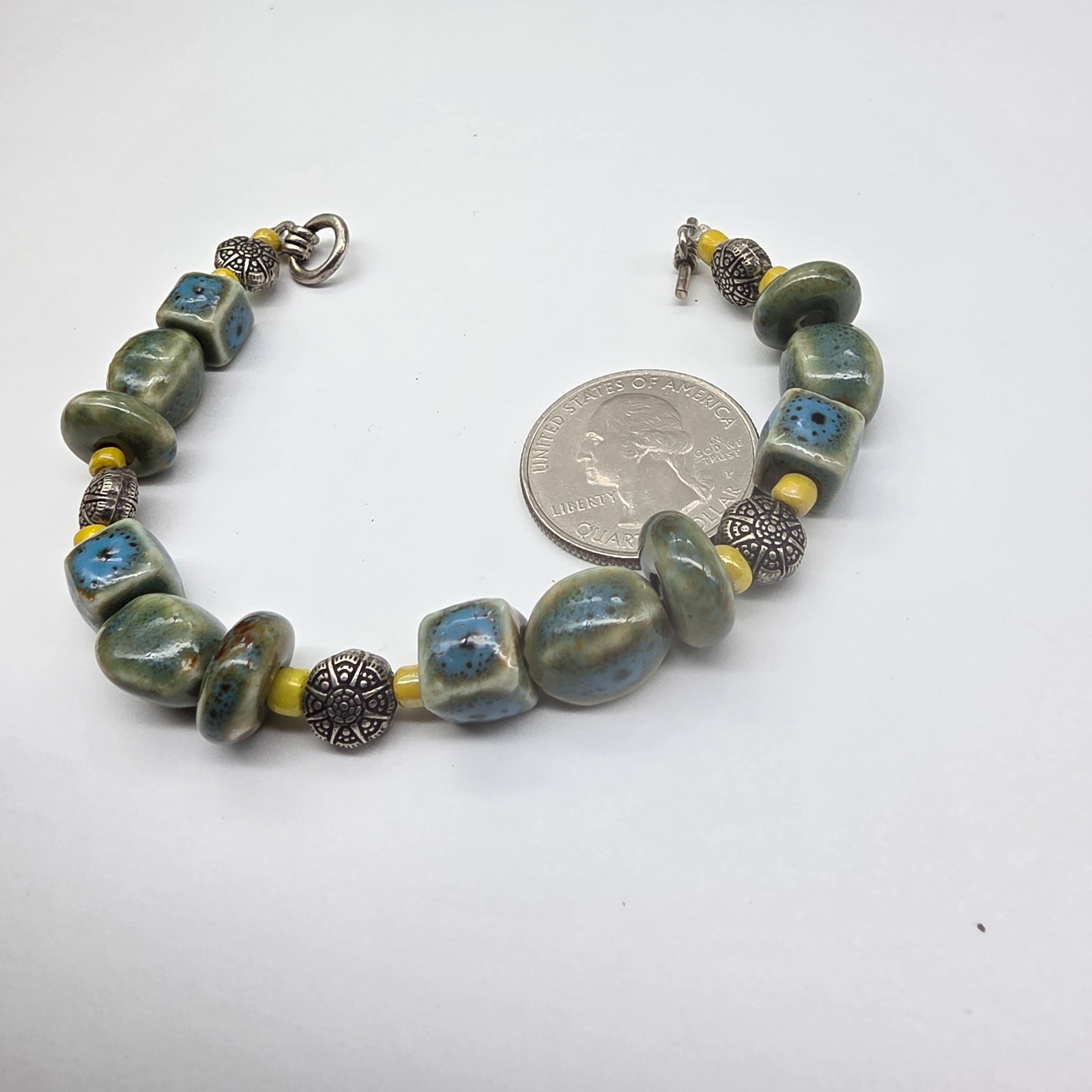 Blue Green Brown Yellow Ceramic Glass Beaded Silver Tone Metal Bracelet Vintage