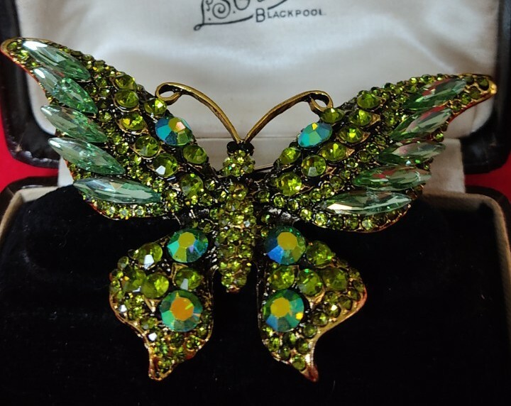 Vintage Style Large Green Crystal Butterfly Brooch Pin