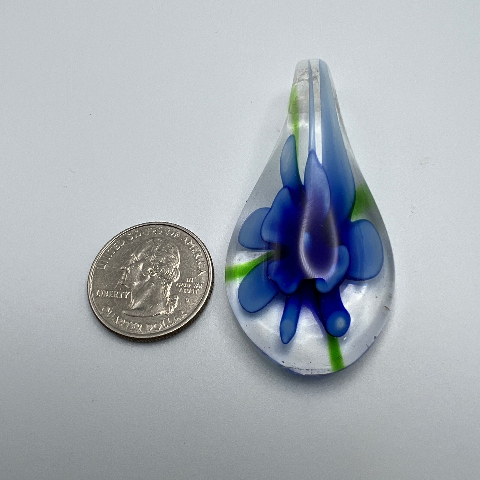 Blue Flower Glass Pendant Teardrop 2 1/2 inches