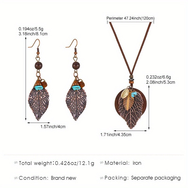 Women’s Retro Bohemian Leaf Shaped Pendant Earrings Necklace Jewelry Set Alloy