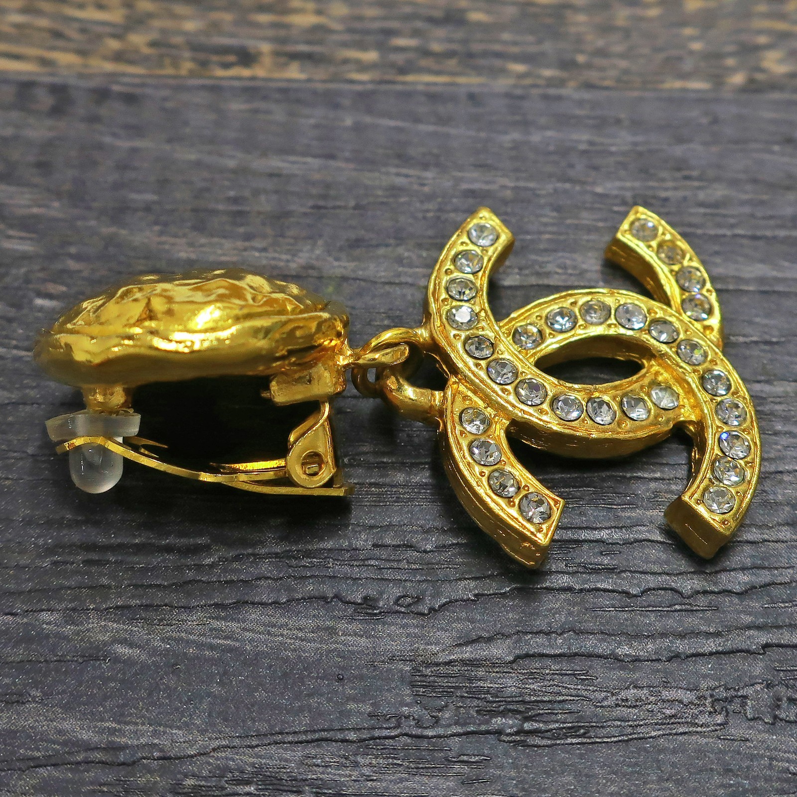 CHANEL Gold Plated CC Logos Rhinestone Swing Vintage Earrings #1399c Rise-on