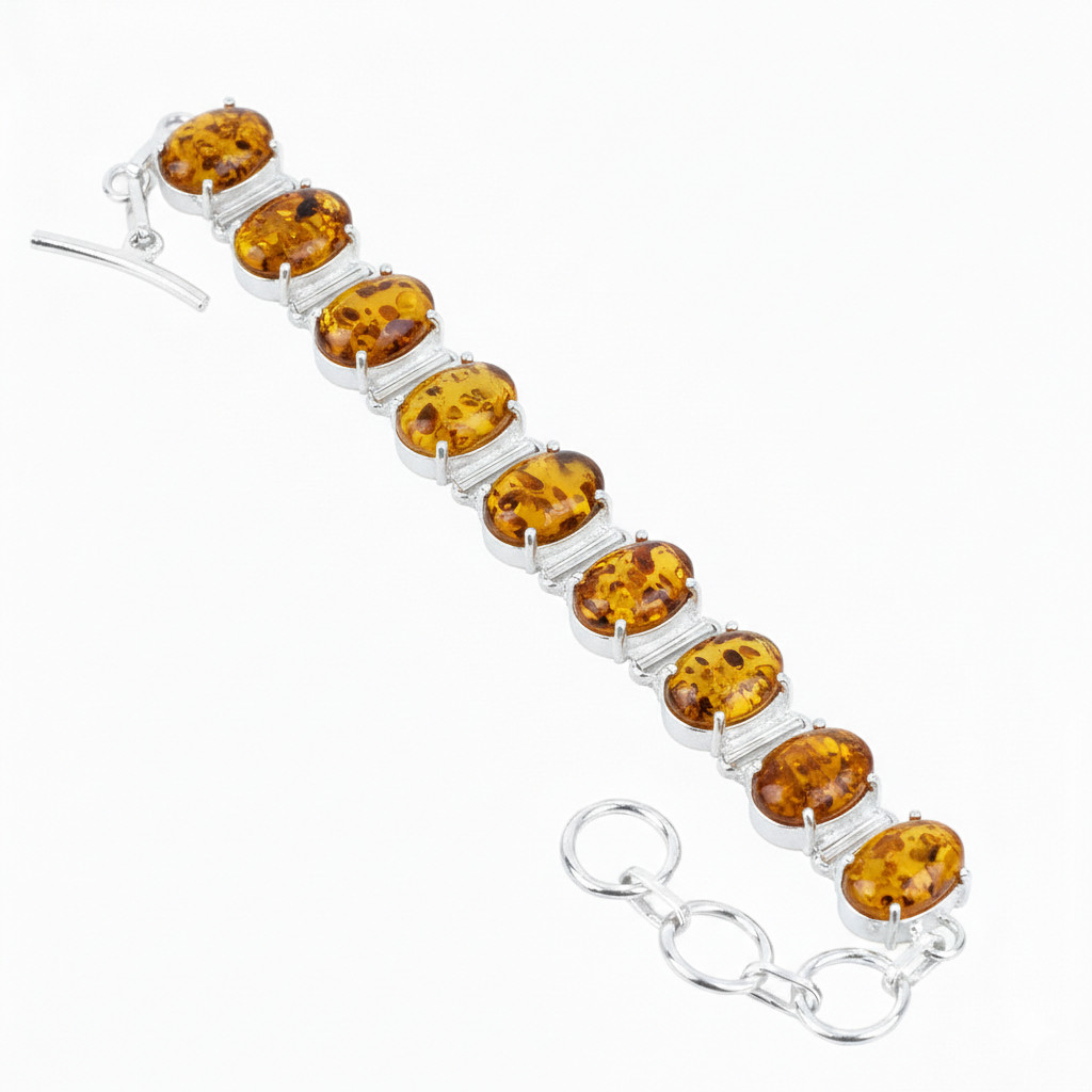 Baltic Amber Gemstone Handmade 925 Sterling Silver Jewelry Chain Bracelet ADJ